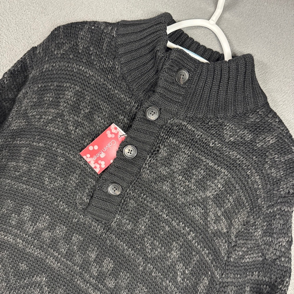 Calvin Klein Sweater Mens Large Black Mock Neck Button Fair Isle 50/50 Wool NWT